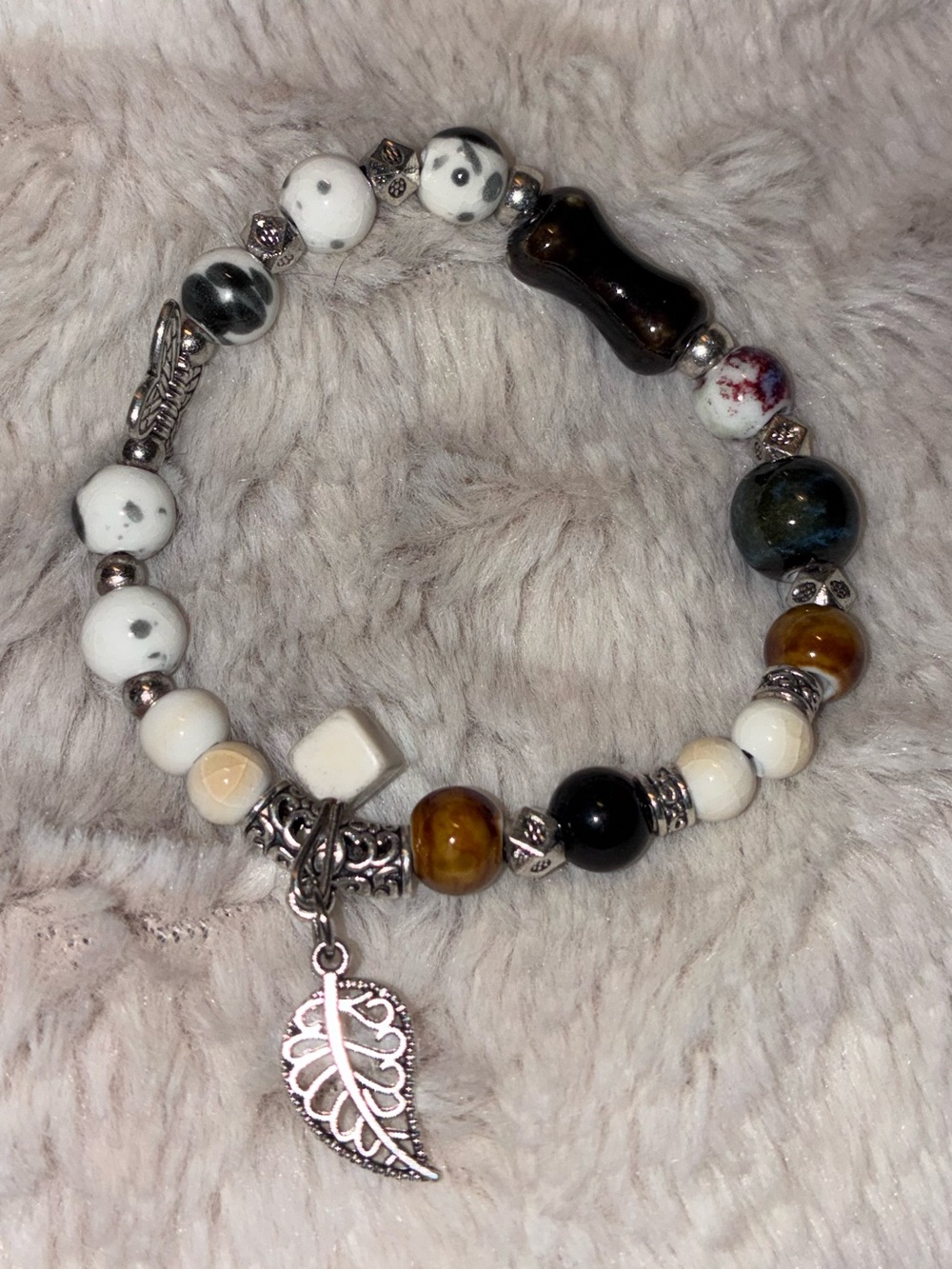 White and Brown Beaded Leaf Charm Bracelet - Women Jewelry